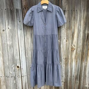 Brochu Walker The Havana Puff Sleeve Tiered Midi Dress Washed Slate Blue M